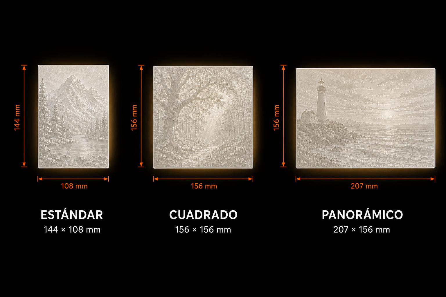 Infografía con los tres formatos de litofanía: Estándar 144x108 mm, Cuadrado 156x156 mm y Panorámico 207x156 mm