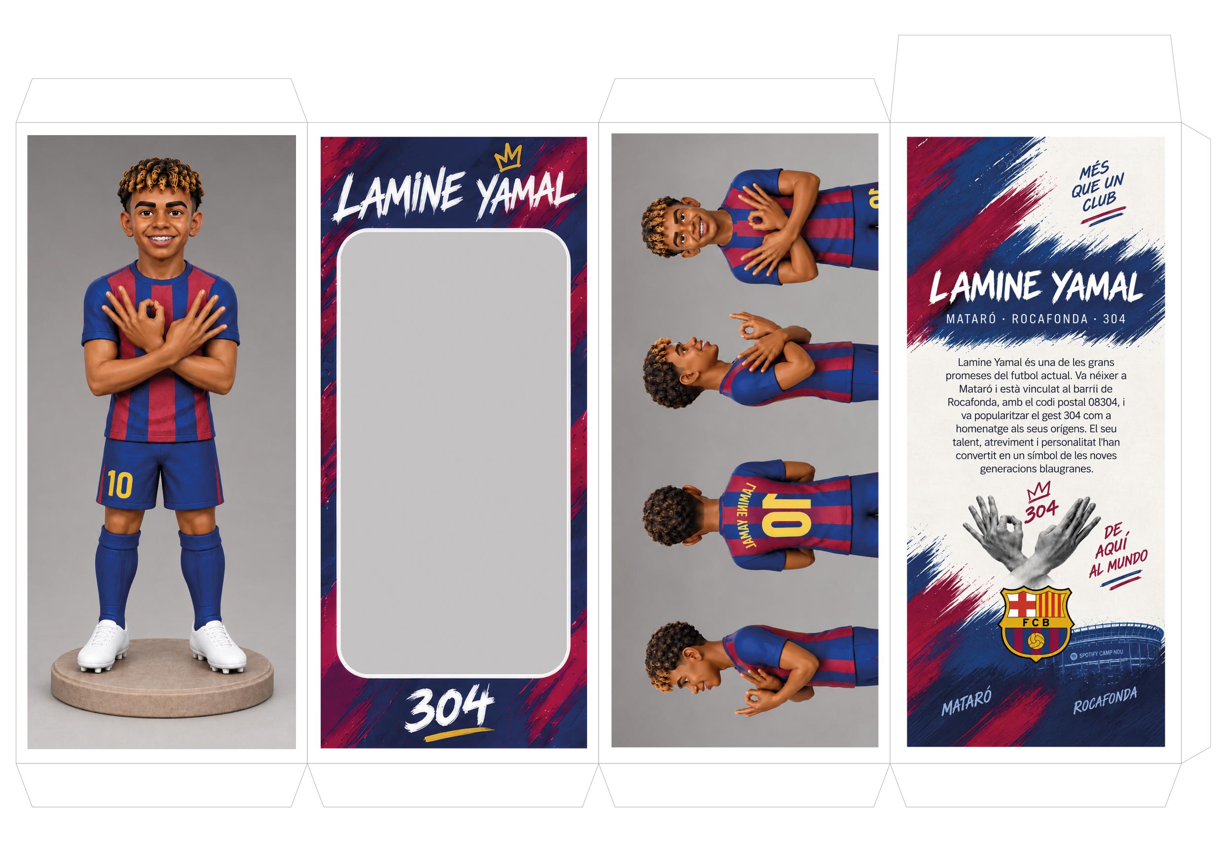 Diseño gráfico plano de la caja coleccionable con las vistas frontal, lateral y trasera