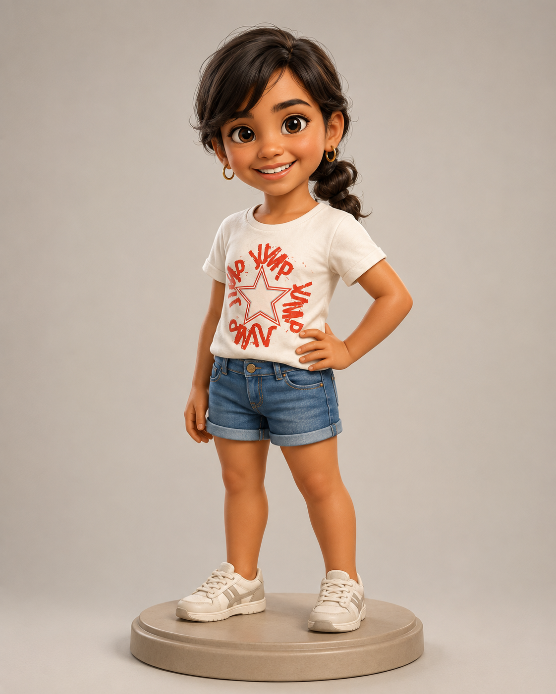 Render 3D caricaturizado de Samira con su camiseta, vaqueros y zapatillas sobre base redonda