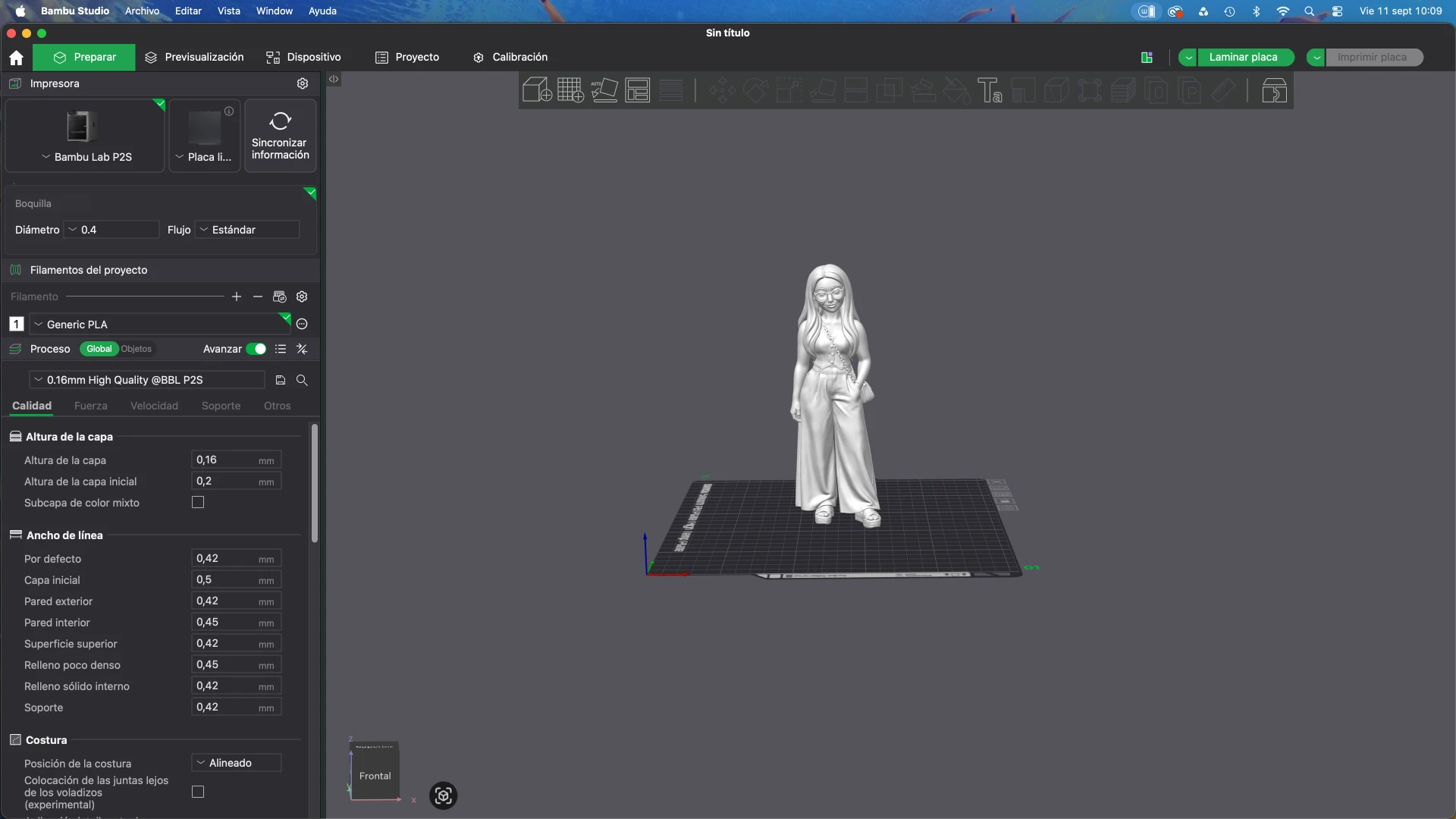 Laminado de la figura de Rocío en Bambu Studio antes de la impresión