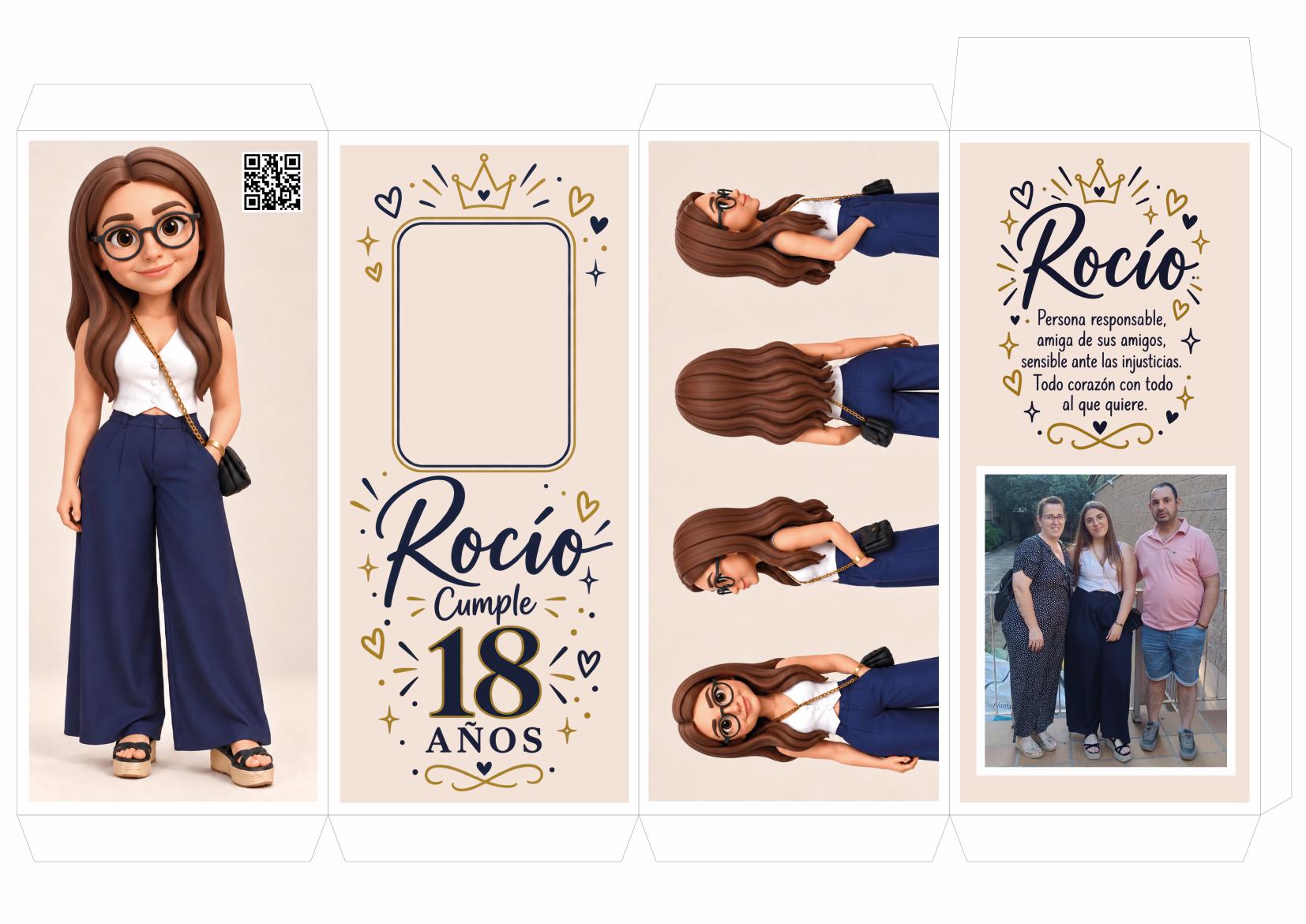 Diseño gráfico plano de la caja personalizada Rocío Cumple 18 Años