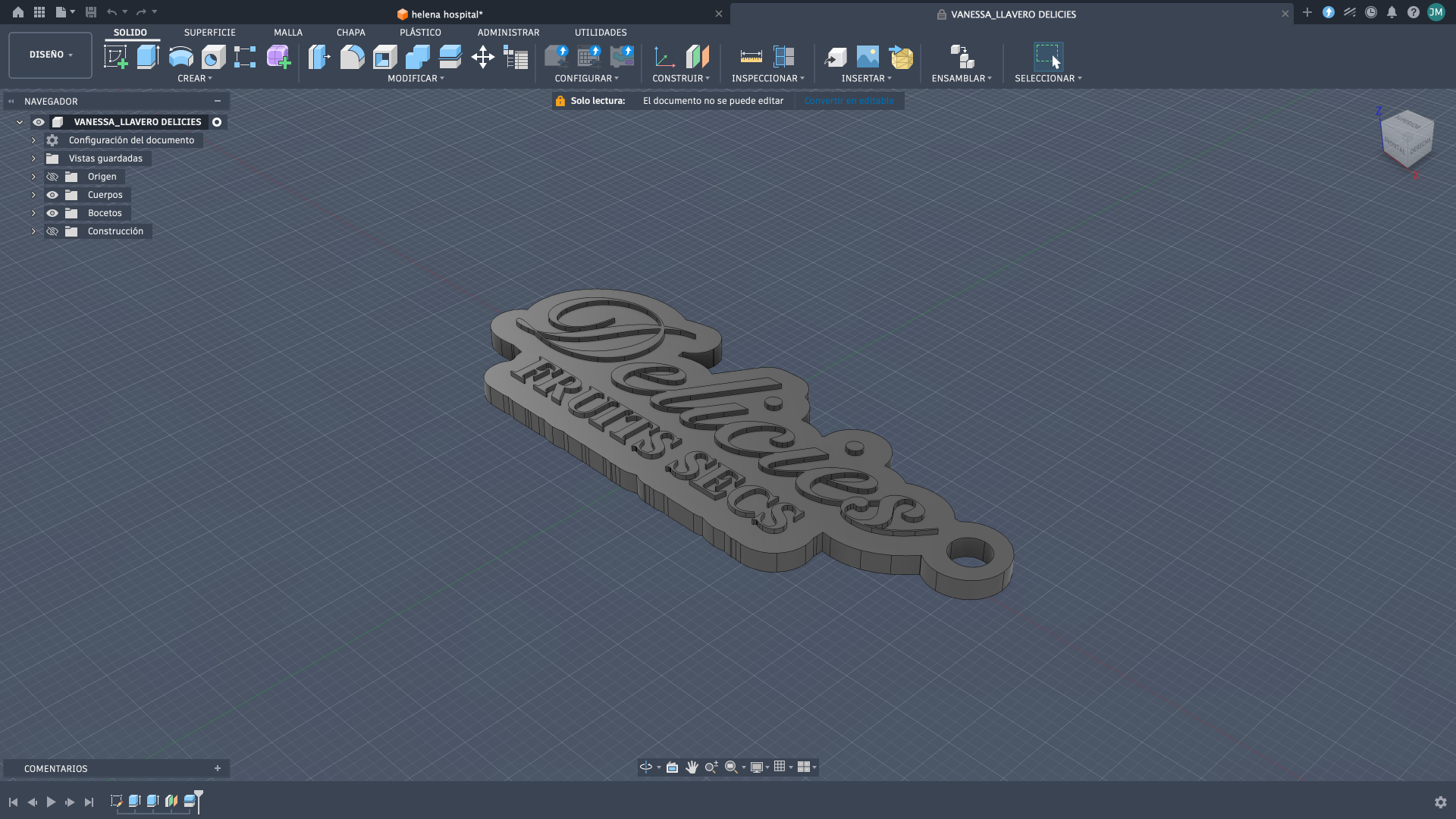 Modelado 3D en Fusion 360 de un llavero con el logotipo de Delicies Fruits Secs