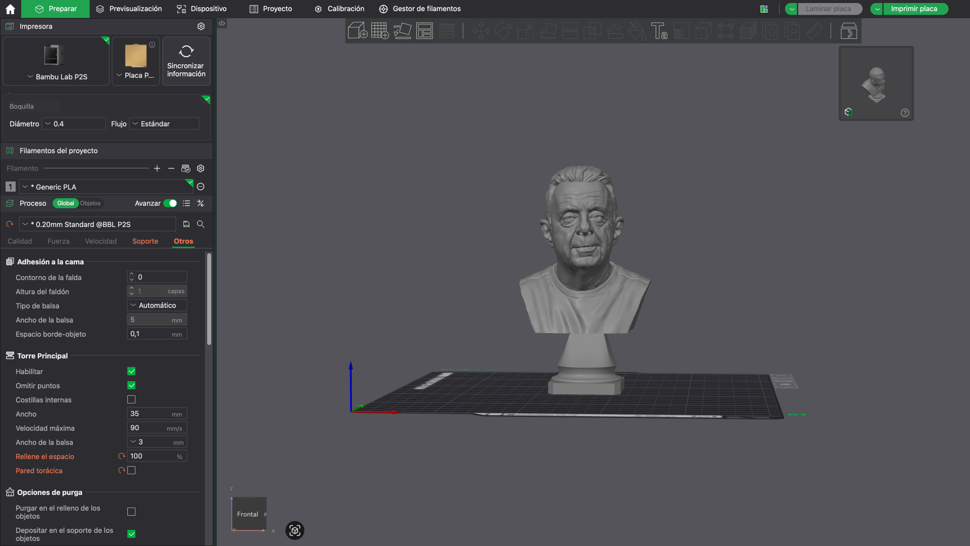 Modelo 3D del busto preparado para imprimir
