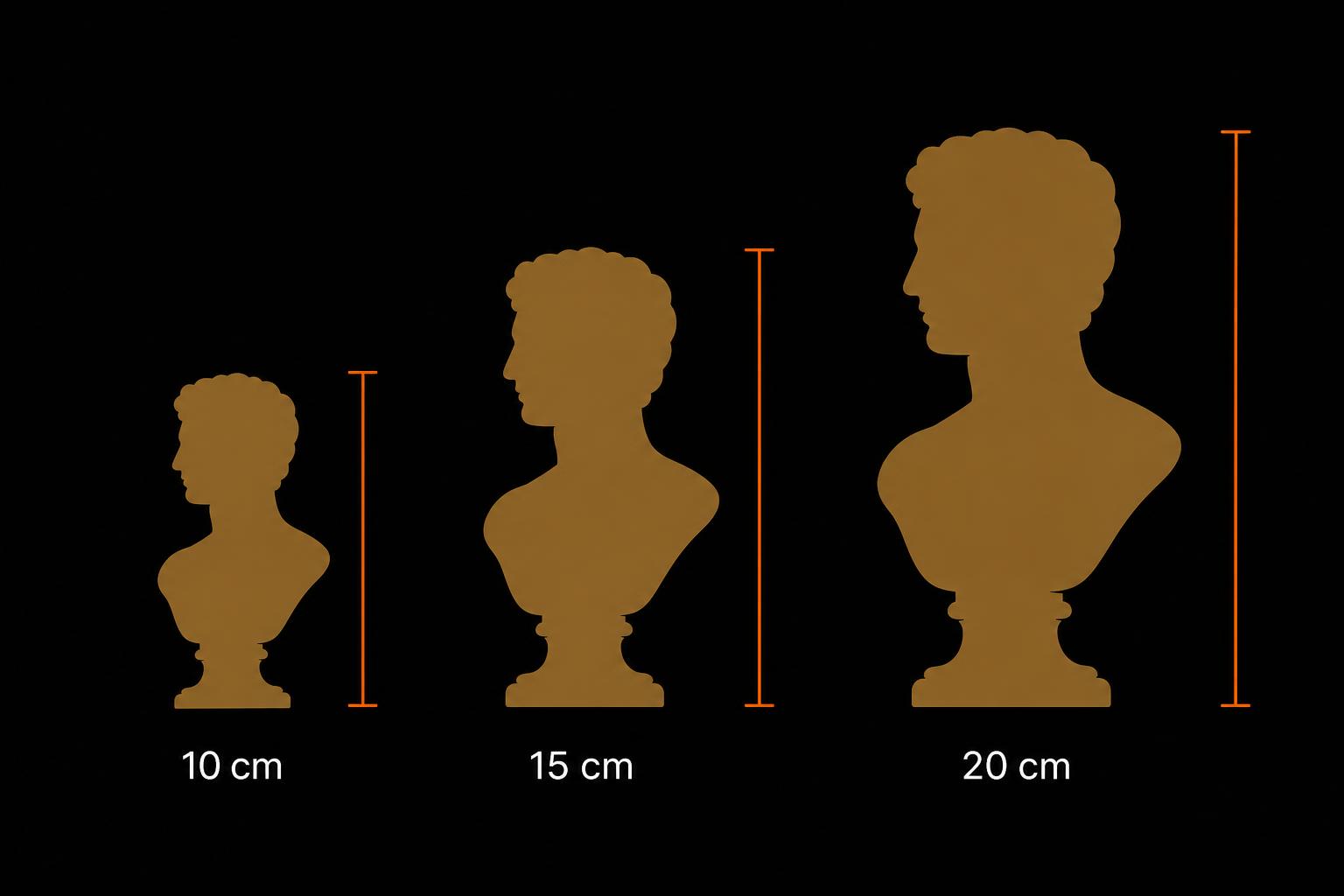 Infografía con las tres alturas disponibles del busto: 10 cm, 15 cm y 20 cm