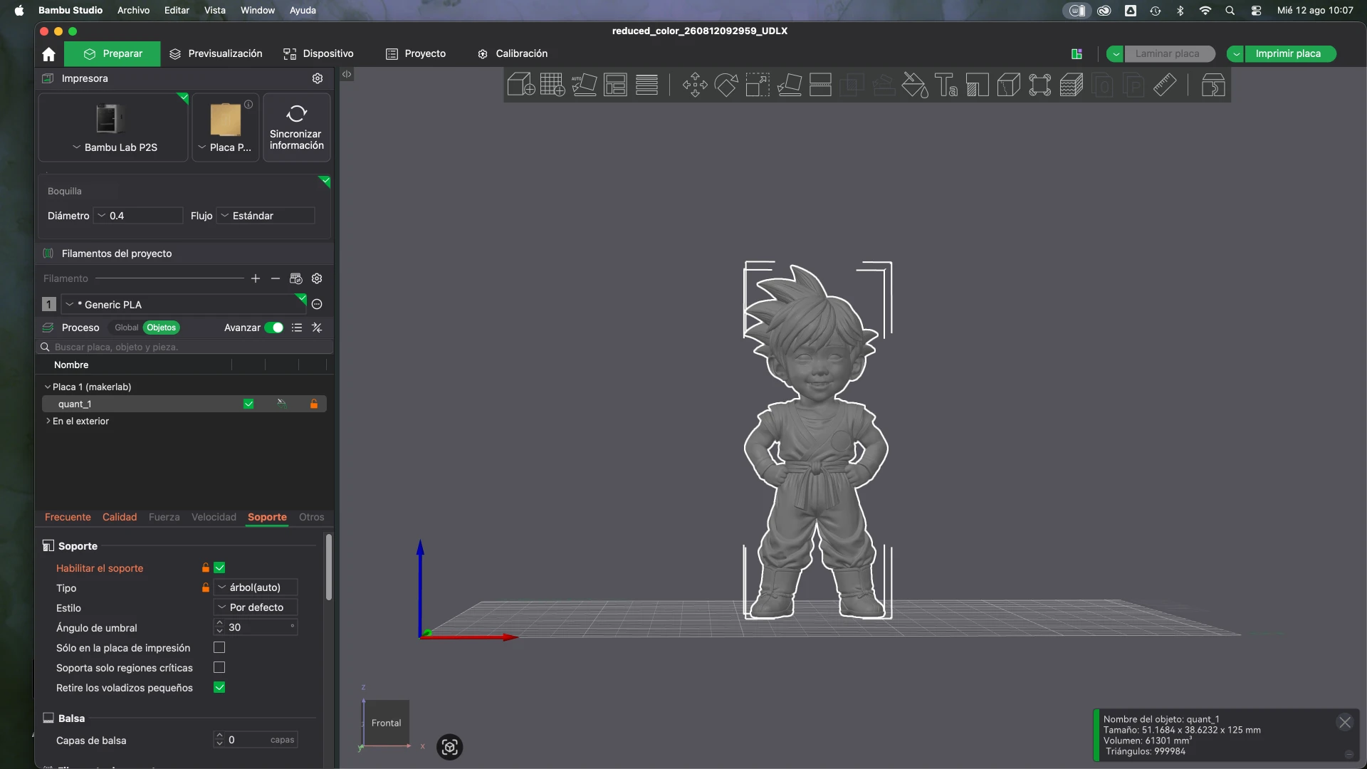 Laminado de la figura en Bambu Studio con soportes de árbol