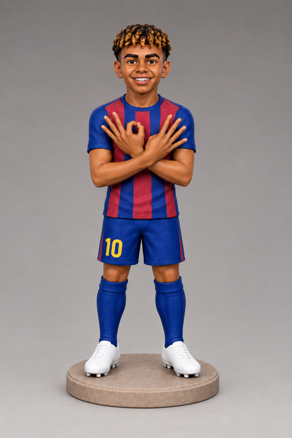 Render 3D de la figura de Lamine Yamal con el uniforme blaugrana y el gesto 304