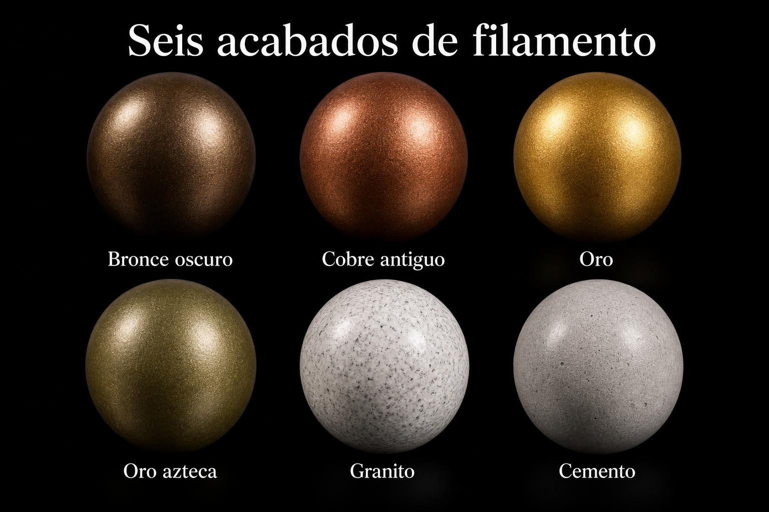 Seis acabados de filamento: Bronce oscuro, Cobre antiguo, Oro, Oro azteca, Granito y Cemento