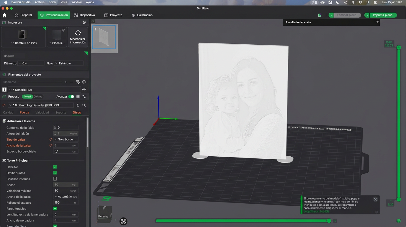 Modelo 3D de la litofanía en el laminador