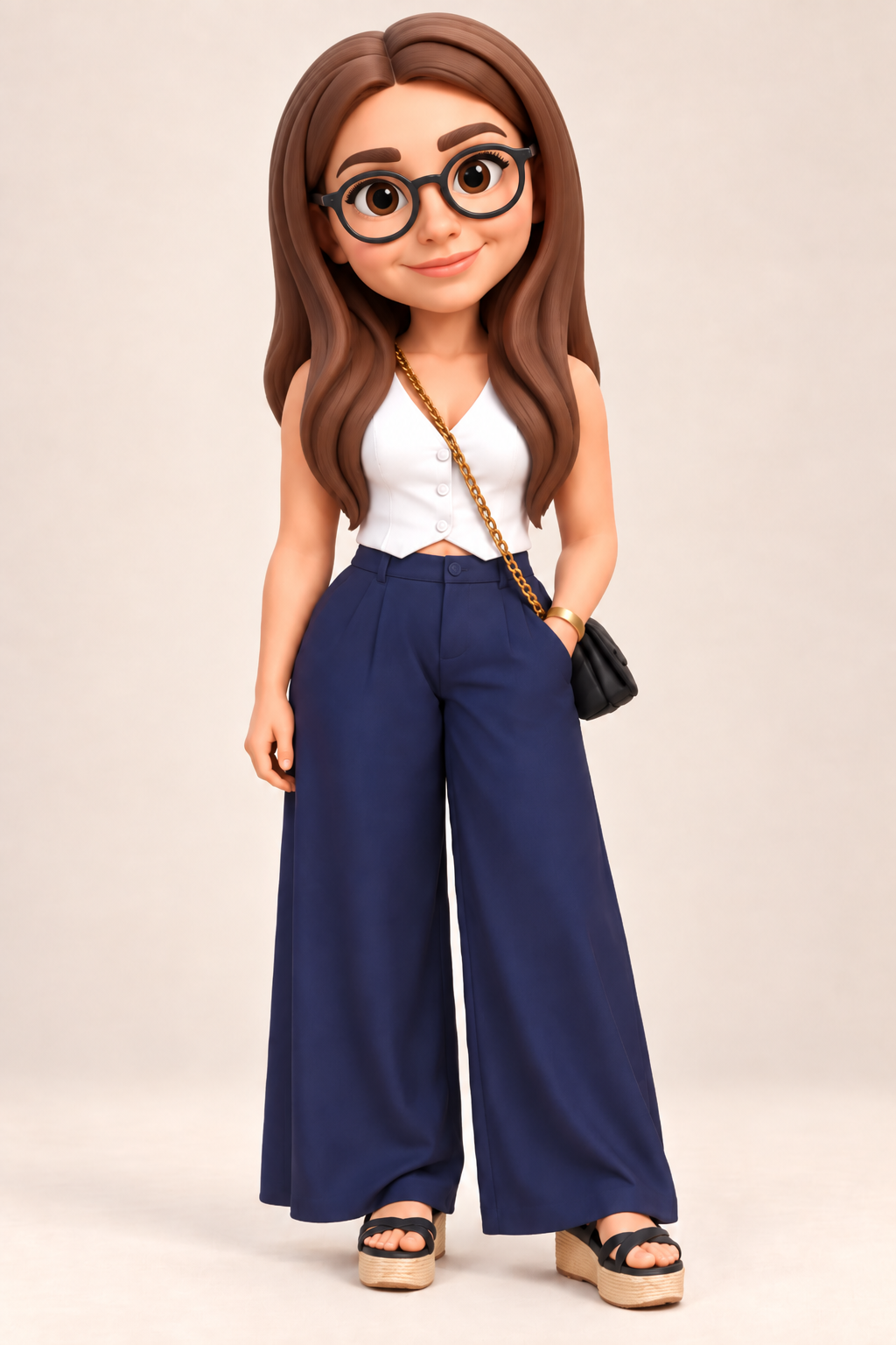 Render 3D caricaturizado de Rocío con gafas, chaleco blanco, pantalón azul y bolso bandolera