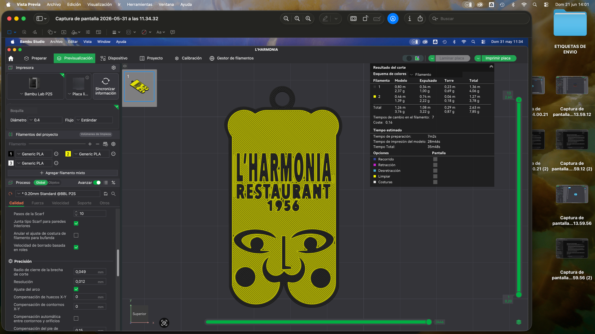 Previsualización del laminado del llavero de L'Harmonia Restaurant con cambios de filamento