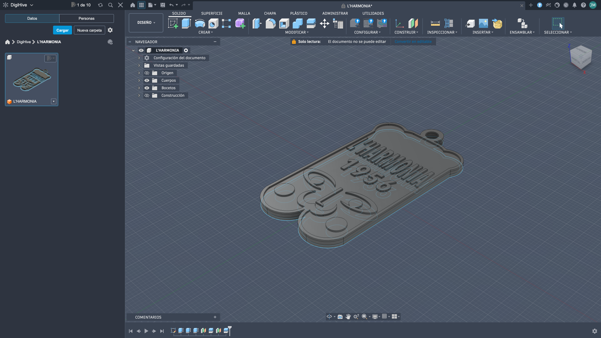 Modelado 3D en Fusion 360 del llavero de L'Harmonia Restaurant 1956 con relieve