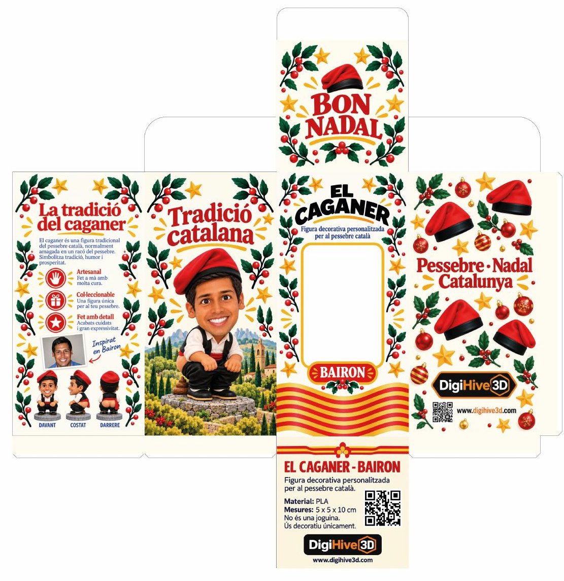 Diseño de la caja navideña de El Caganer con ventanilla